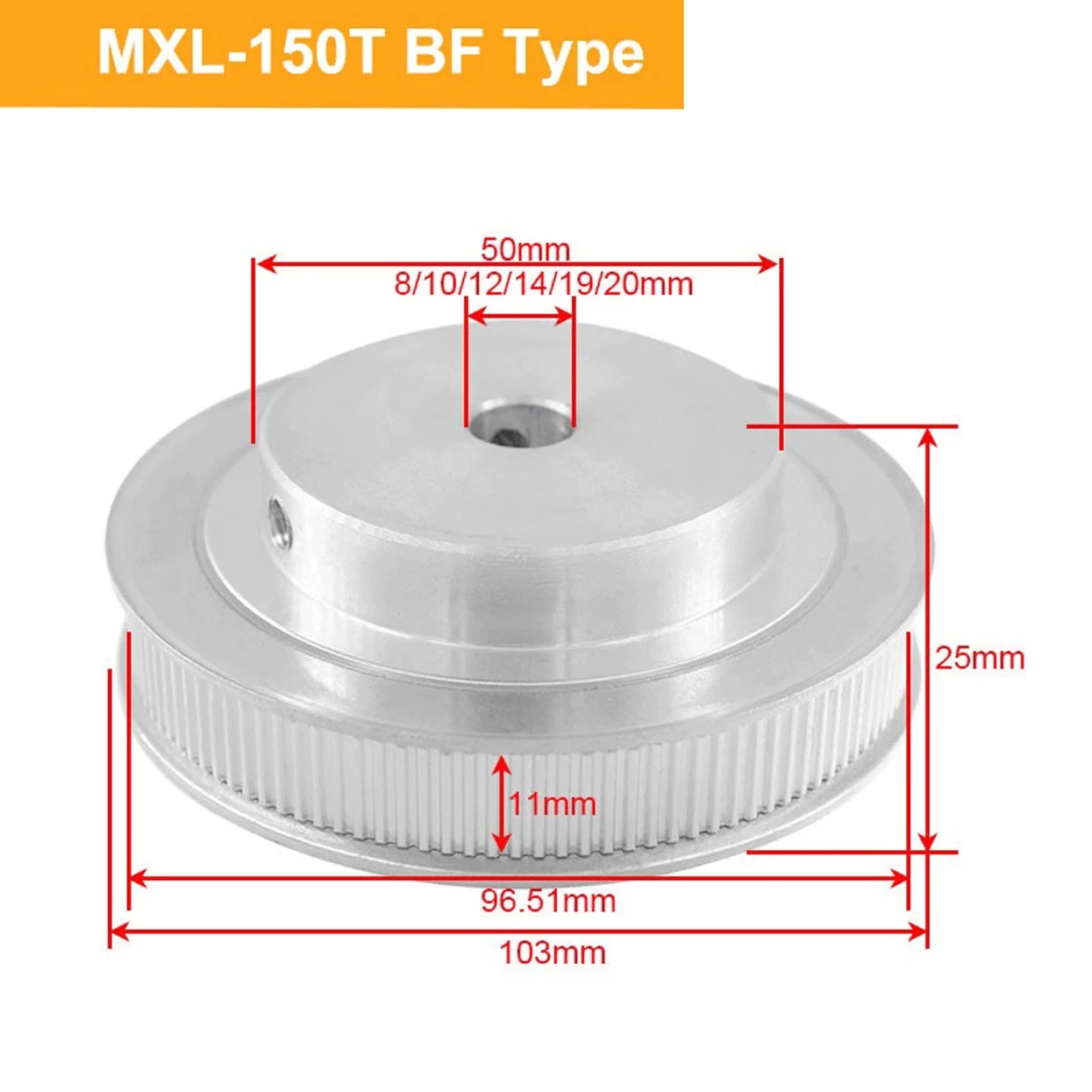 MXL 150T Aluminium Timing Pulley, Fit for belt Width 9/10mm, 8/10/12/14/19/20mm Bore,Transmission Pulley