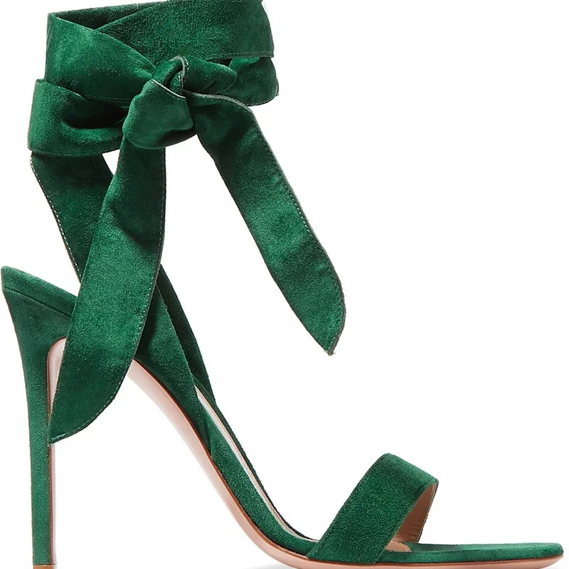 Ink Green Suede Bowtie Open Toe Sandals Summer Ankle Strap Bandage Thin Heels Woman Shoes Sexy Cutouts Party Sandals