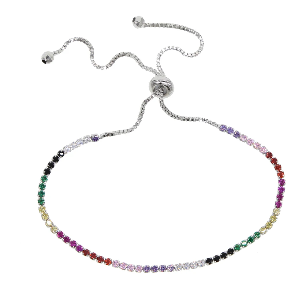 Wholesale Colorful Round Rainbow Color Charm AAA+ CZ Slider Adjustable Dainty Tiny Thin Bracelets Bling Bling Jewelry For Women