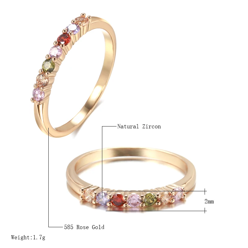 Kinel Spanish Style 585 Rose Gold  Rainbow Ring Multiple Stacking Natural Zircon Finger Ring for Women Fashion Jewelry