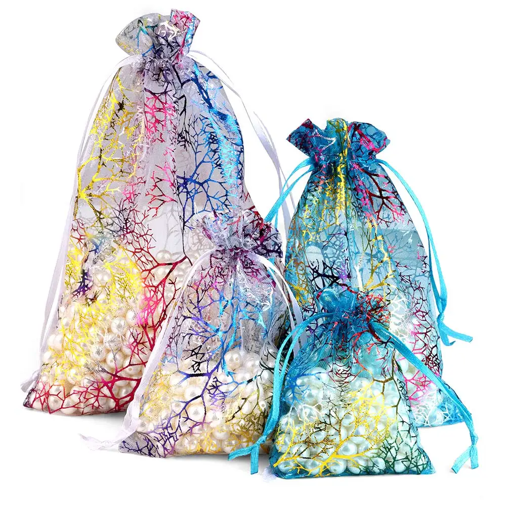 25pcs/50pcs Big Organza Gift Bags 15x20/17x23/20x30cm Tree Pattern Jewelry Packaging Bag Wedding Christmas Present Drawable Bags