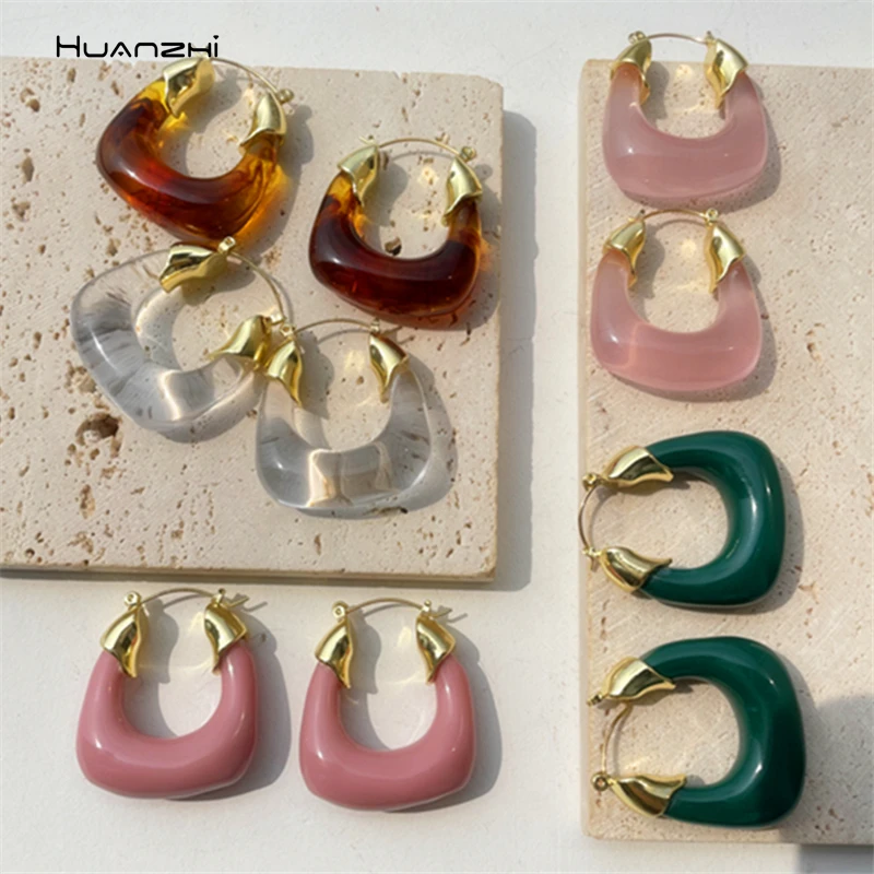 HUANZHI 2022 Retro Colorful Resin Transparent Circel Hoop Earrings Geometric Gold Color Metal Round for Woman Travel Jewelry