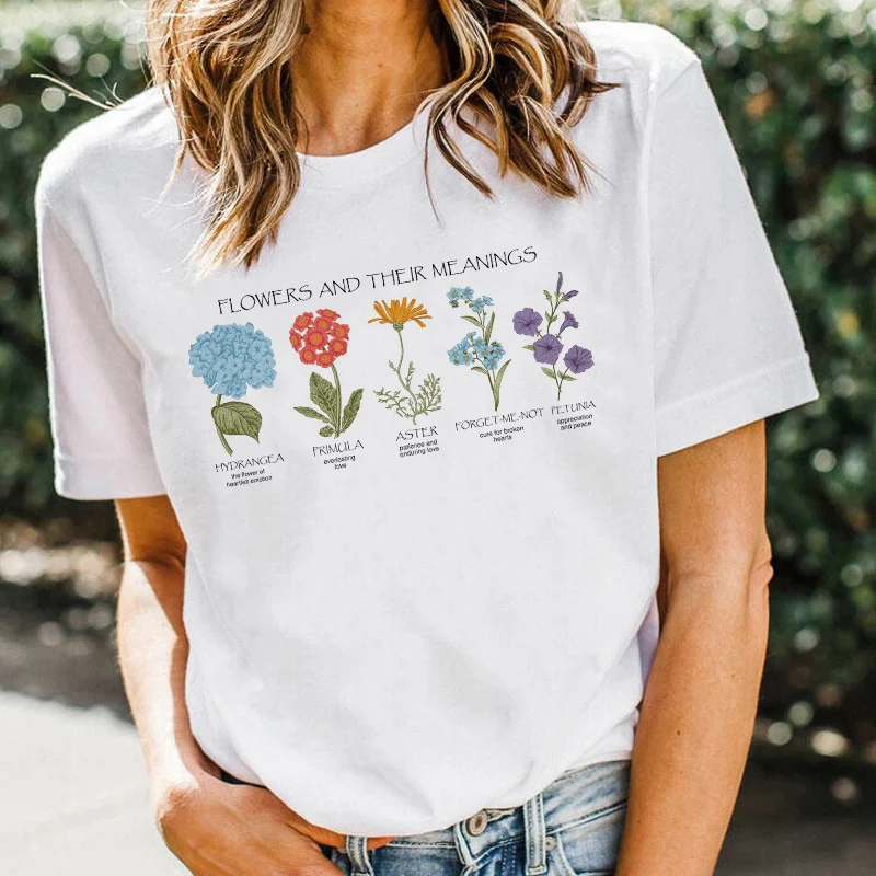 

Flower Meanings Vintage Aesthetic Tumblr T Shirt Women Casual Floral Print Short Sleeve T-Shirts Graphic Tees Ladies Cute Tops