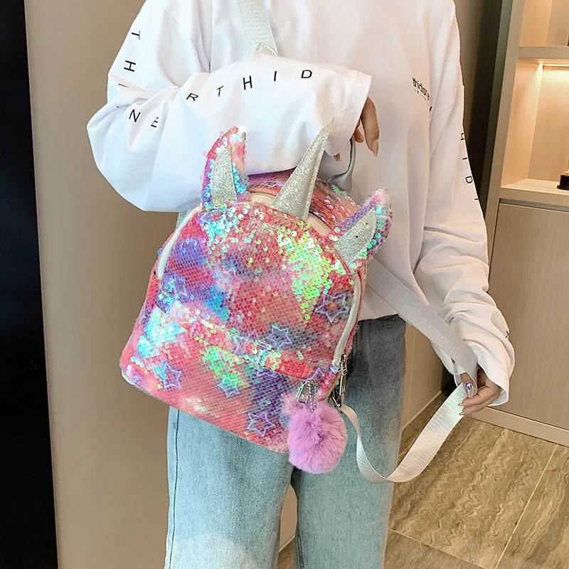 Stylish Unicorn Sequins Backpack Fashion Portable Shoulder Bag School Storage Bag Colourful Shining Backpack for Girls