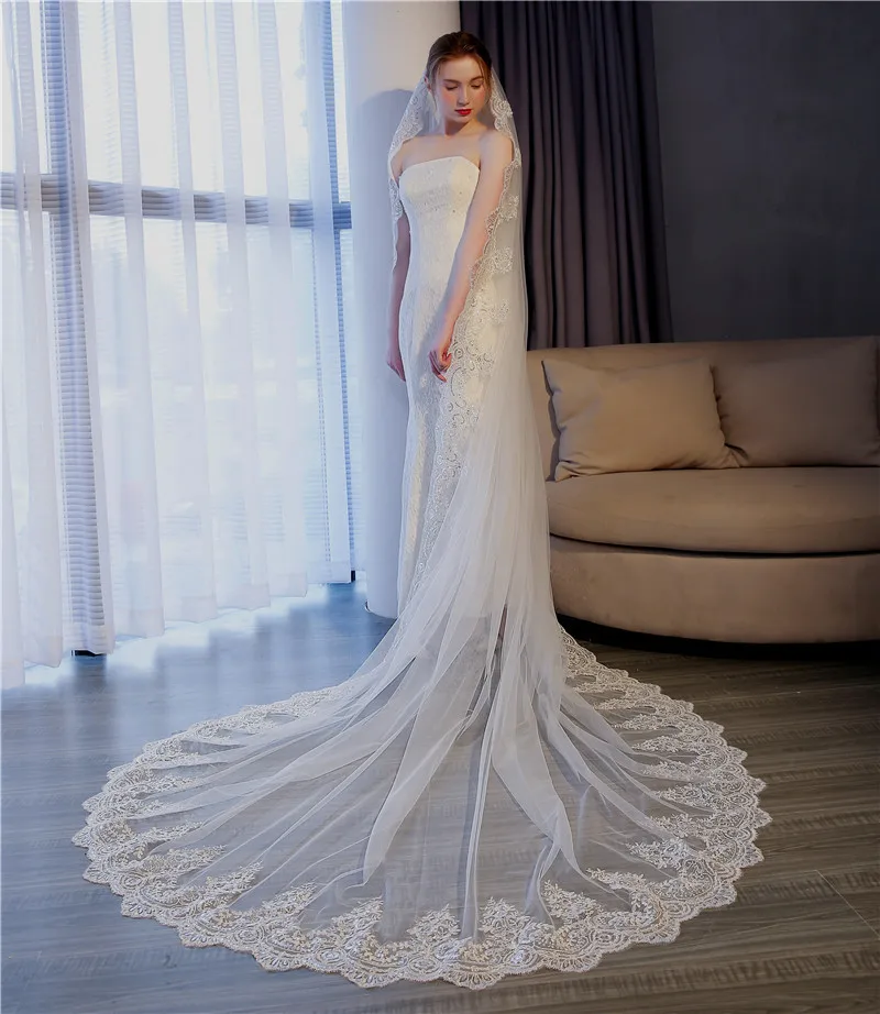 5 Meter Weiß Elfenbein Kathedrale Hochzeit Schleier Lange Spitze Rand Braut Schleier mit Kamm Hochzeit Zubehör Braut Veu accesorios novia