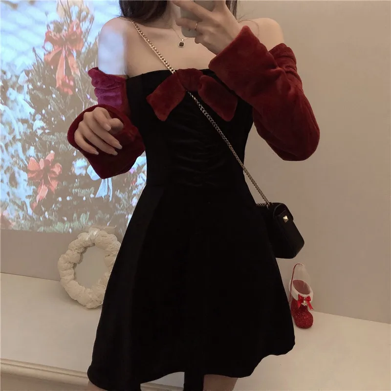 Vestido tipo vison para mulheres, vestido vermelho e contraste de cor japonês vintage para outono e inverno., vestido de lolita midi fofo e emagrecedor