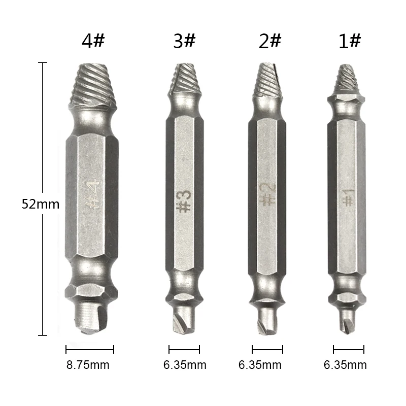 4pcs Speed Out Damaged Screw Extractor Drill Bit Set 1# 2# 3# 4# Double Side Broken Bolt Extractor Screw Remover Tools