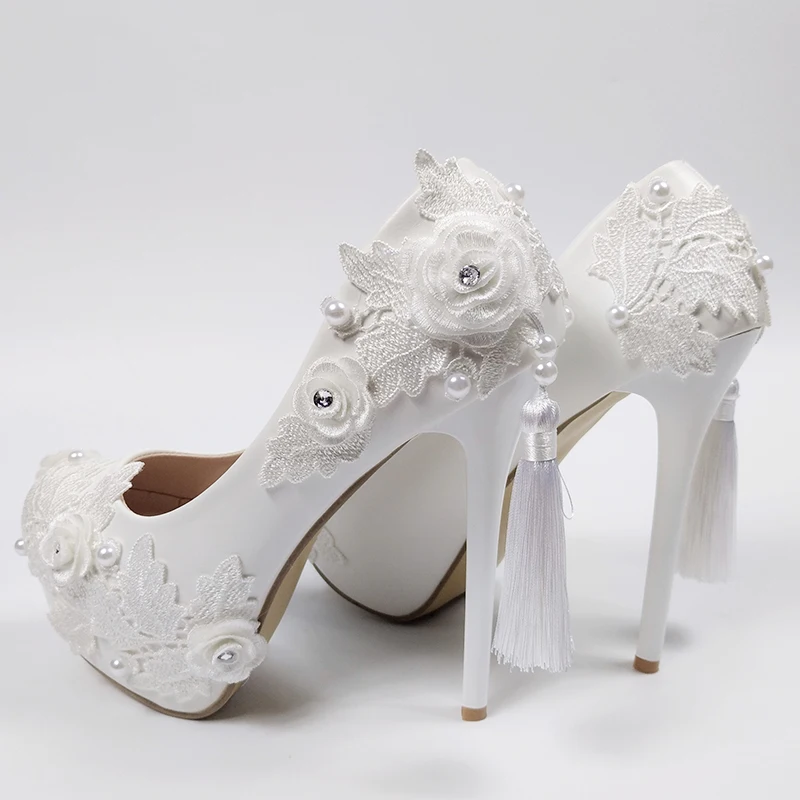 BaoYaFang Super High Heel White Flower Wedding shoes Bride Ladies high platform shoes woman Fashion Round Toe Tassel Dress shoes