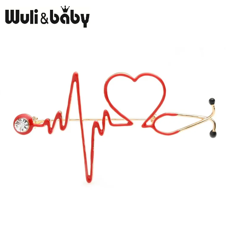 Wuli&baby Red Heart Rate Brooches Enamel Electrocardiogram Stethoscope Hospital Doctor Brooch Pins