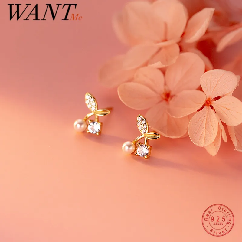 WANTME 925 Sterling Silver Sweet Cute Fruit Cherry Pearl Stud Earrings Romantic Zircon Girlfriend Birthday Jewelry Gift Women