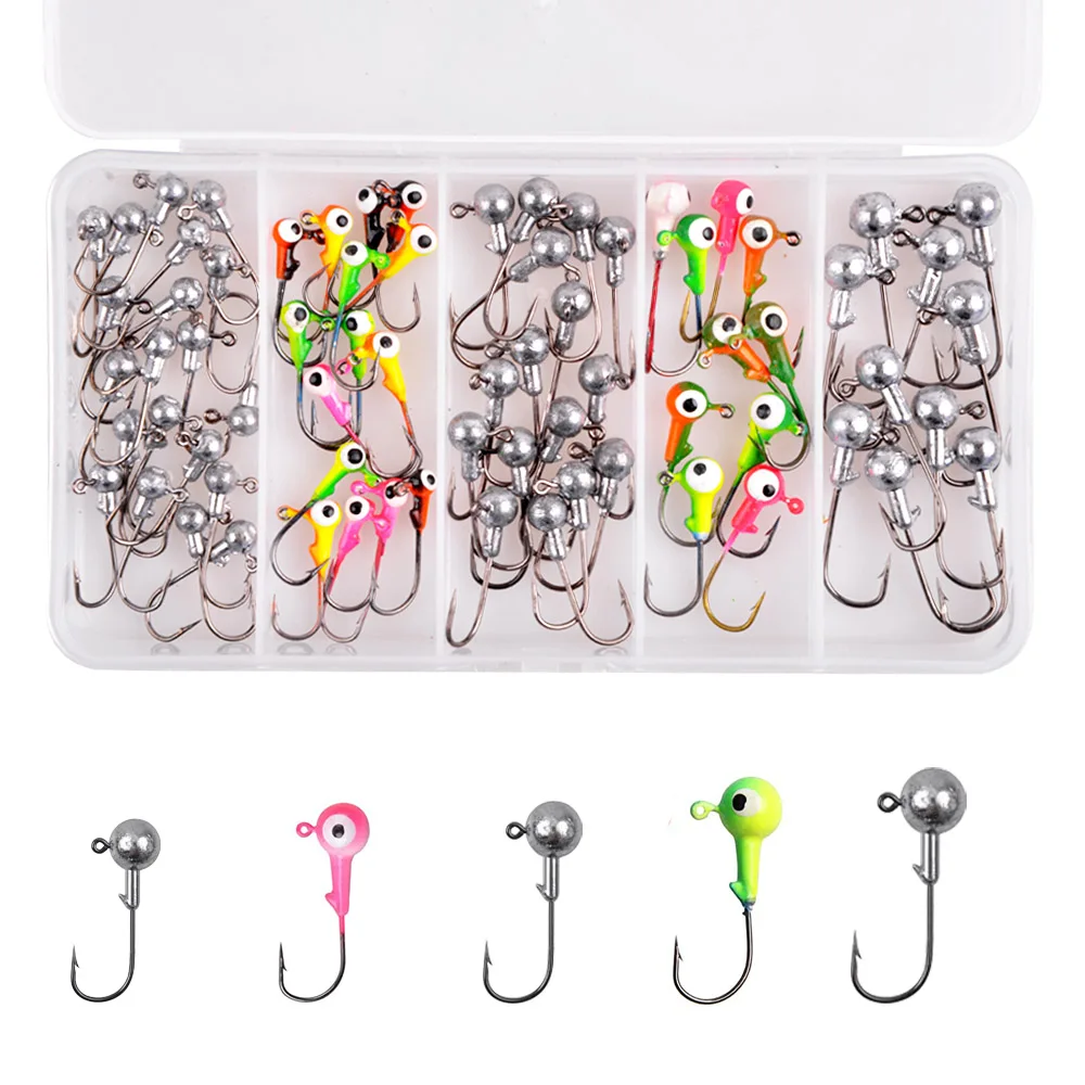 

70Pcs Lead jig heads saltwater Fishing hook Crank jig heads for bass fishing Worm bait Trout lure Jigging rig Barbed Fishhooks