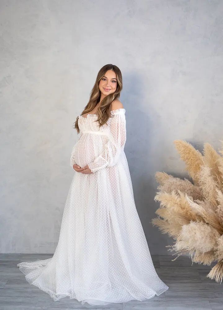 Robes de maternité blanches à épaules dénudées, pour séance photo, manches longues, chemise de nuit en Tulle, robes de grossesse pour femmes