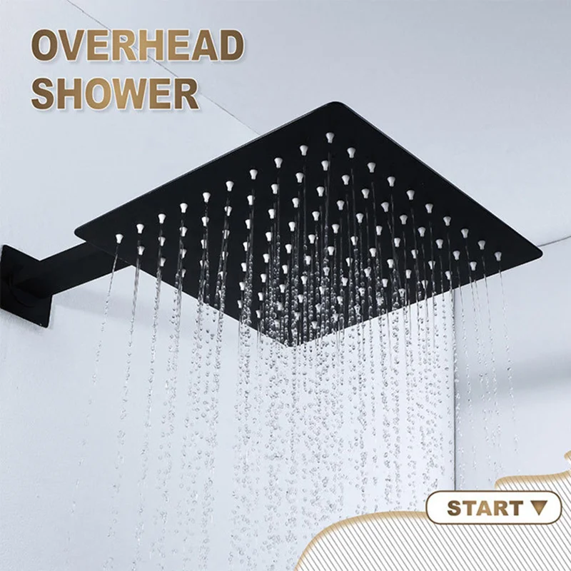Matte Black Rainfall Shower Head 304 Stainless Steel Top  Bathroom Shower  10 Inch Square Without Arm