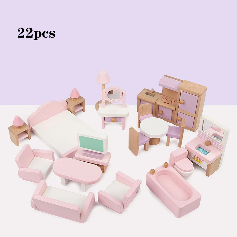 22pcs Miniature Furniture for dolls house Wooden dollhouse Furniture set Educational Pretend Play toys Children girls gifts