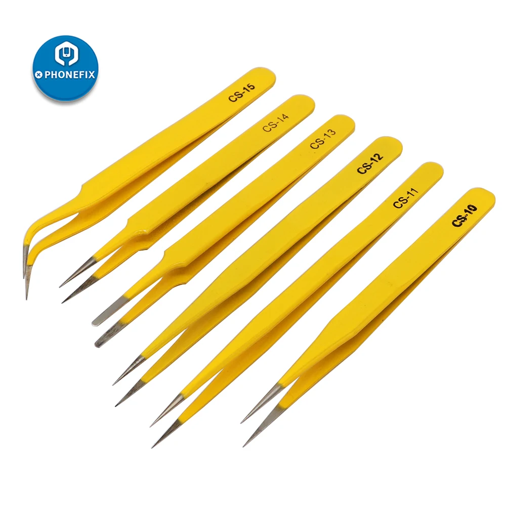 6pcs Industrial Tweezers Anti-static Precision ESD Tweezers Electronics Mobile Phone Motherboard Repair Stainless Steel Forceps