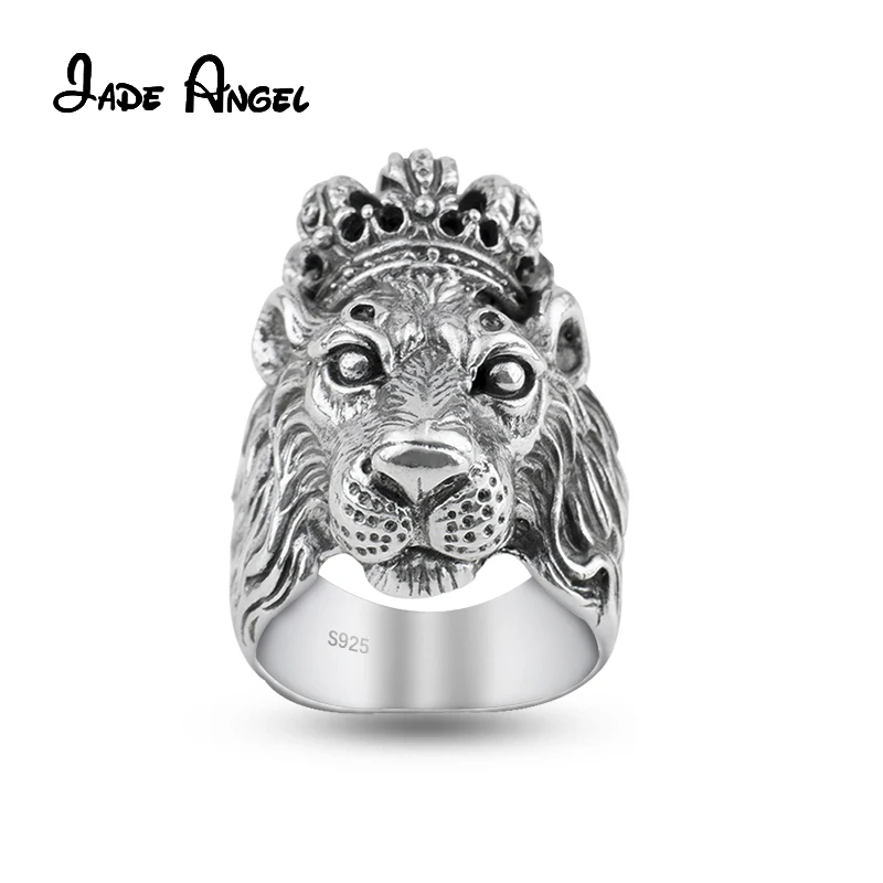 

JADE ANGEL Solid 925 Sterling Silver Lion Ring Head Crown Men's High Quality Rock Punk Jewelry Accessory Index Finger Rings