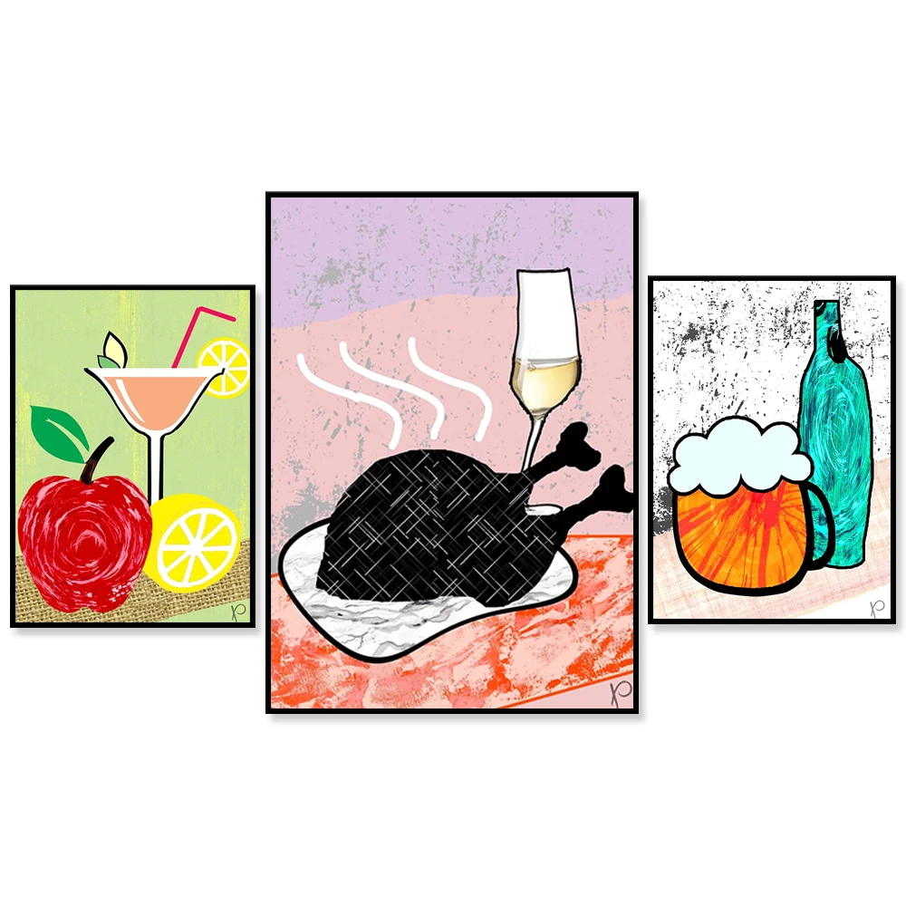 Kitchen prints, Food and drink art, Alcohol print set,Colorful kitchen art,Mid century art,Dinning room decor,BFF gift for him
