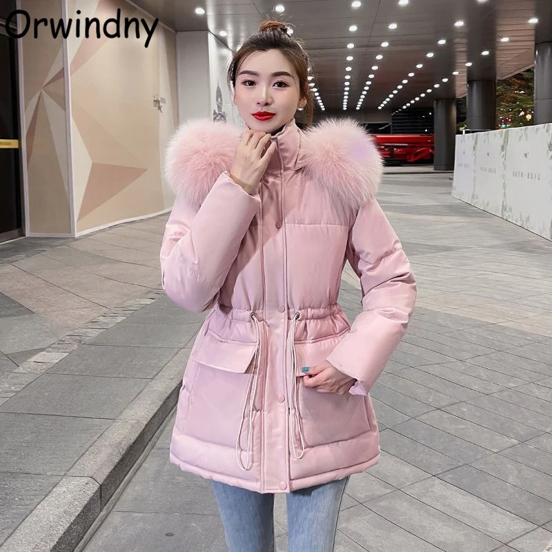 Orwindny Women\'s Winter Jacket Students Solid Hooded Large Fur Parkas Drawstring Slim Fashion Warm Coat Female Snow Wear Outwear