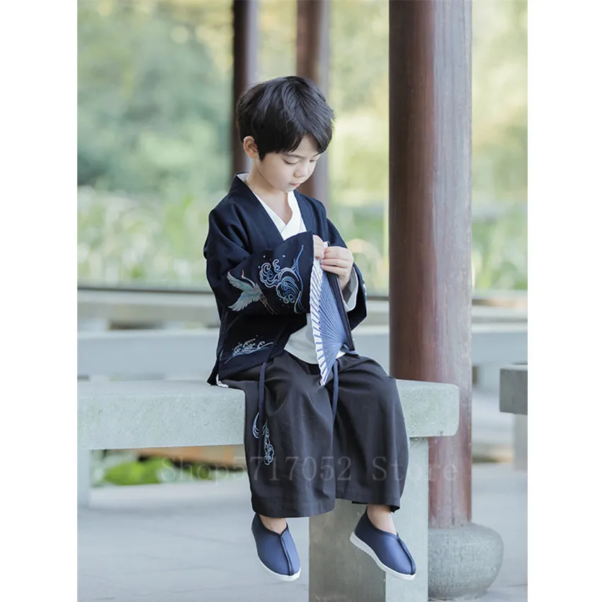 Asian Japanese Style Traditional Clothes Kimono Set Boy Fancy Streetwear Breathable Yukata Embroidery Fashion Hanfu Loose Outfit