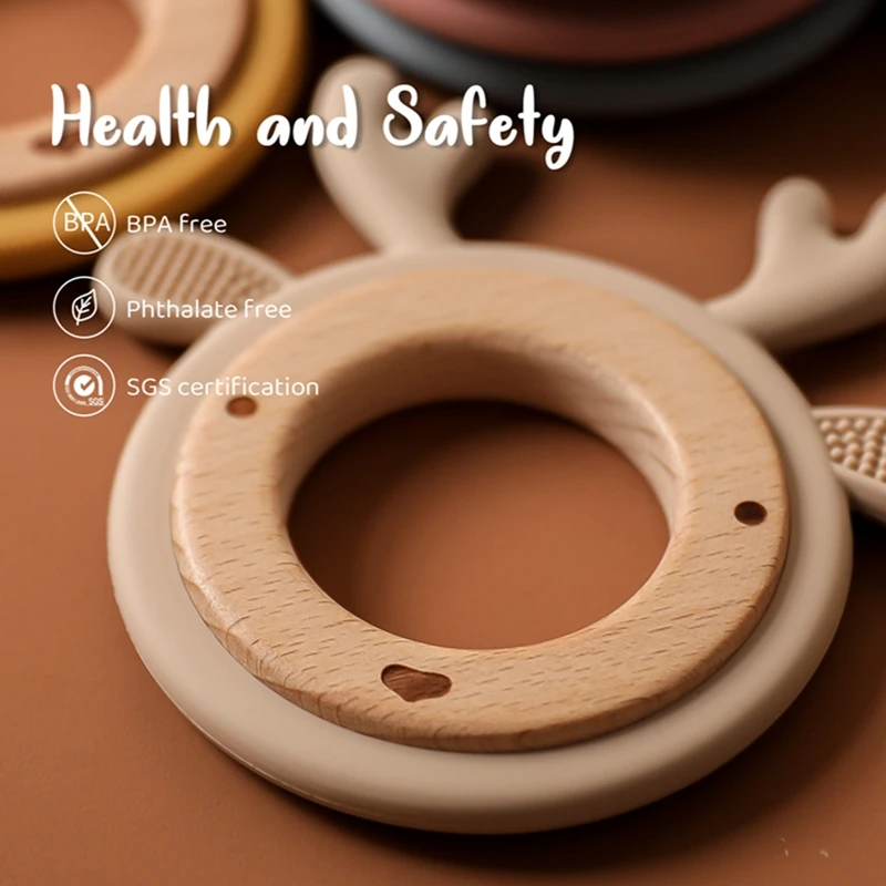 Animal Elk Koala Cartoon Teether BPA Free Food Grade Silicone Beech Wood Baby Teething Toy Rattle Safe Newborn Chew Nursing Gift