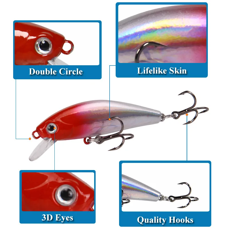 Mixed Colors Minnow Fishing Lure Set, Wobbler Crankbaits, Crankbaits with Box, Treble Hooks, Hard Bait, 5Pcs