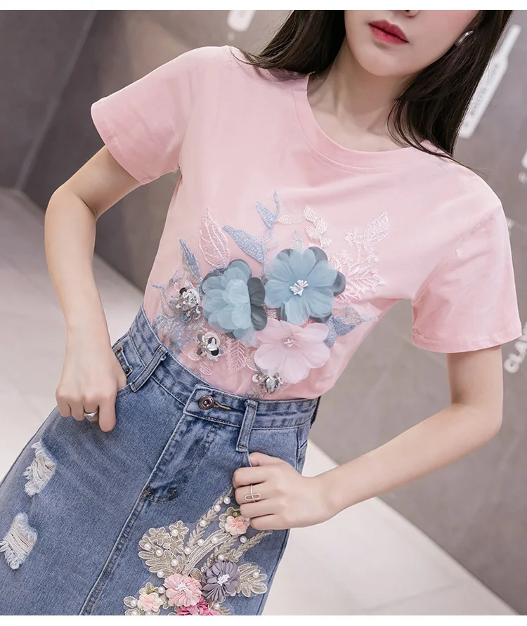 Women Summer 3D Embroidery Flower Set Short Sleeve T Shirt + Denim Skirt 2pcs 2021 New Fashion Women Sets XZ022