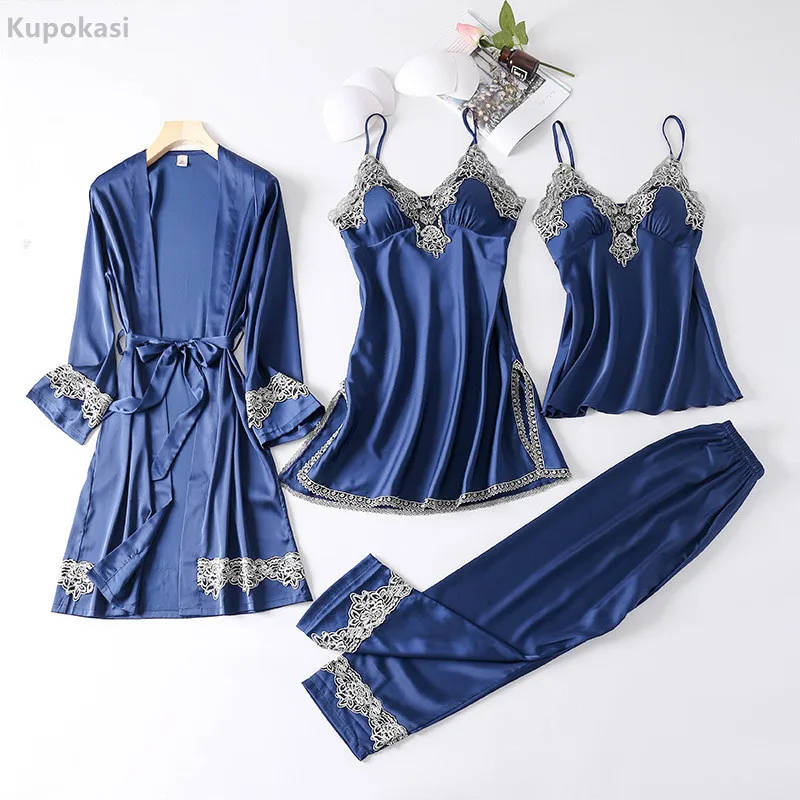 

Kupokasi New 4 Pieces Women Pajamas Sets Faux Silk Pyjamas Sleepwear Suits Elegant Sexy Lace Fashion Spring Autumn Homewear