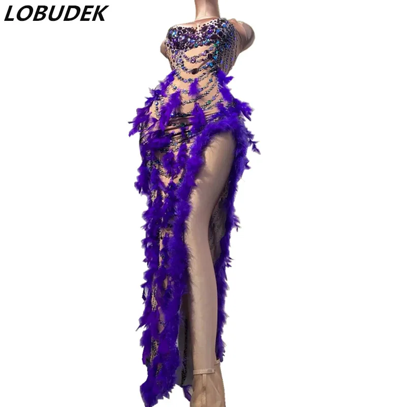 

Sexy Lead Dancer Stage Wear Purple Rhinestones Sequins Feather Slit Long Dress Nightclub Bar Party Singer Performance DS Costume