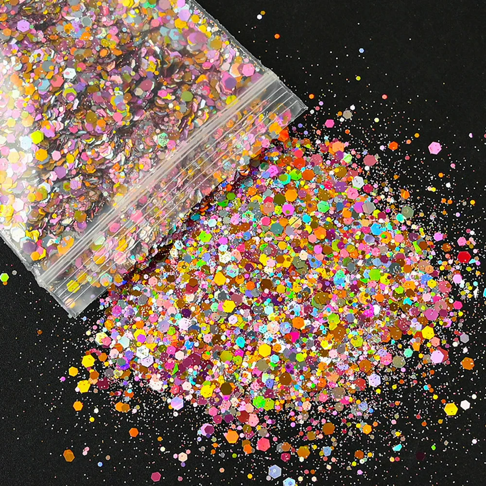 50กรัม/ถุง Holographic เล็บ Art Glitter ผสมเลื่อมหกเหลี่ยมตกแต่ง Flakes ที่มีสีสัน Chunky Symphony สีเลเซอร์ Sequins Ta #23