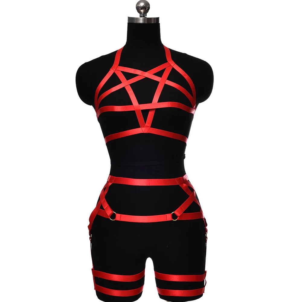 BONDAGE STRAPPY Women Sexy Harness Set Crop Top Pentagram Cage Bra Elastic BodySuit Star Stockings High Waist Garter Belt
