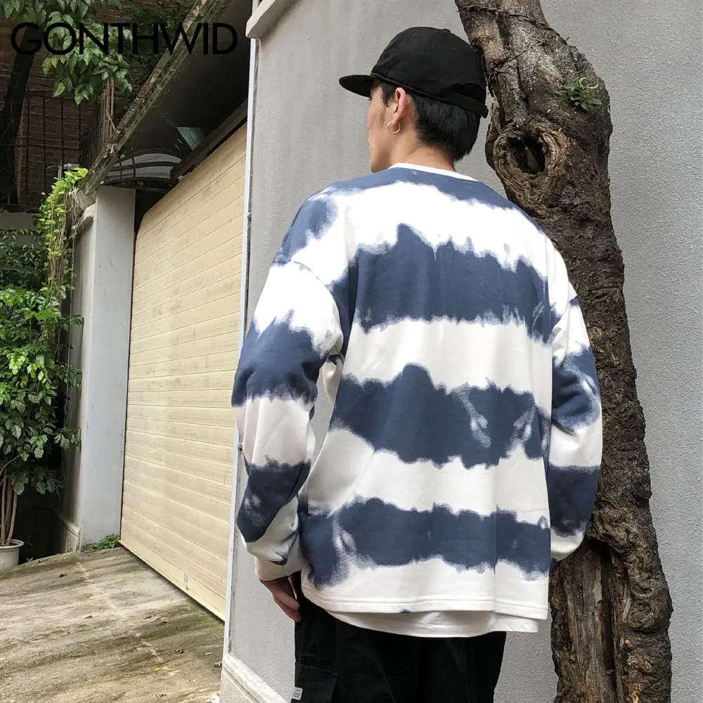 GONTHWID Harajuku Tie Dye Striped Pullover Sweatshirts Hoodies 2024 Mens Hip Hop Casual Streetwear Fashion Hoodie Outwear Tops