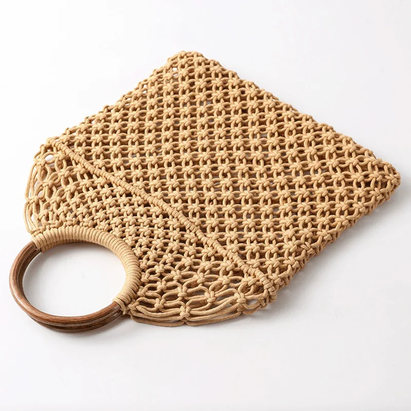 Woven women\'s Handbag Top-Handle Net Bag Handmade Summer Straw Beach Bags Bohemia Female Hollow Round Handle Tote Mesh Bag