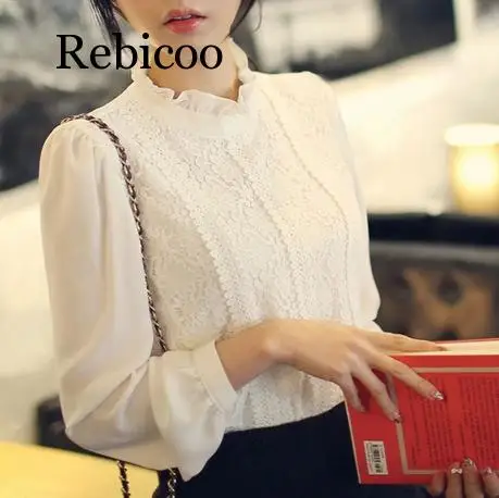 Women Crochet Blouse Lace Chiffon Shirt White/Black Basic Shirt Ladies Stand Collar Ruffles Blusas Femininas