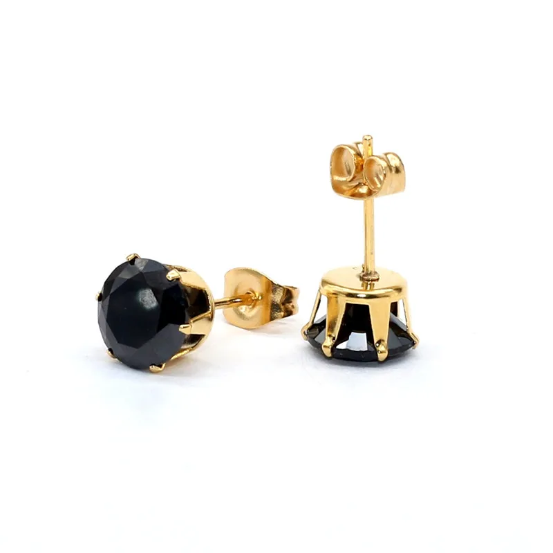 Edelstahl mit AAA-runden, schwarzen Zirkonia-Steinen, Ohrringe für Damen und Herren, vergoldet, hypoallergen, hochwertiger Schmuck. – Detail 8