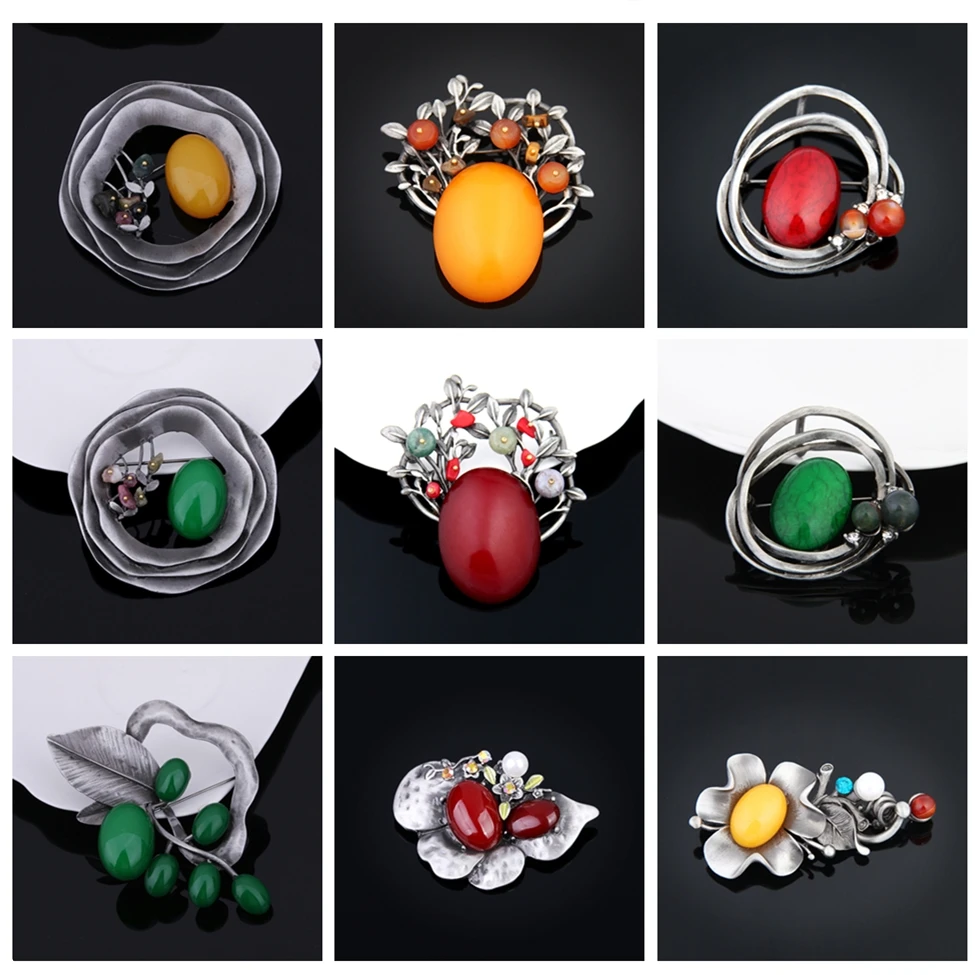 Fashion Flower Leaves Brooches For Women Vintage Broches Exquisite Yellow Red Green Imitation Gems Brooch Pins Plant Jewelry