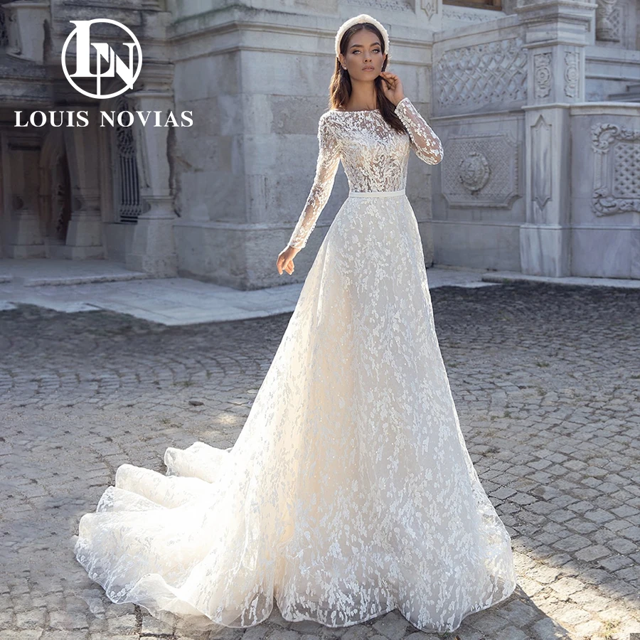 

LOUIS NOVIAS Long Sleeve Wedding Dress Sexy Illusion Lace Bridal Dresses Beaded Embroidery Scoop Vestidos De Novia