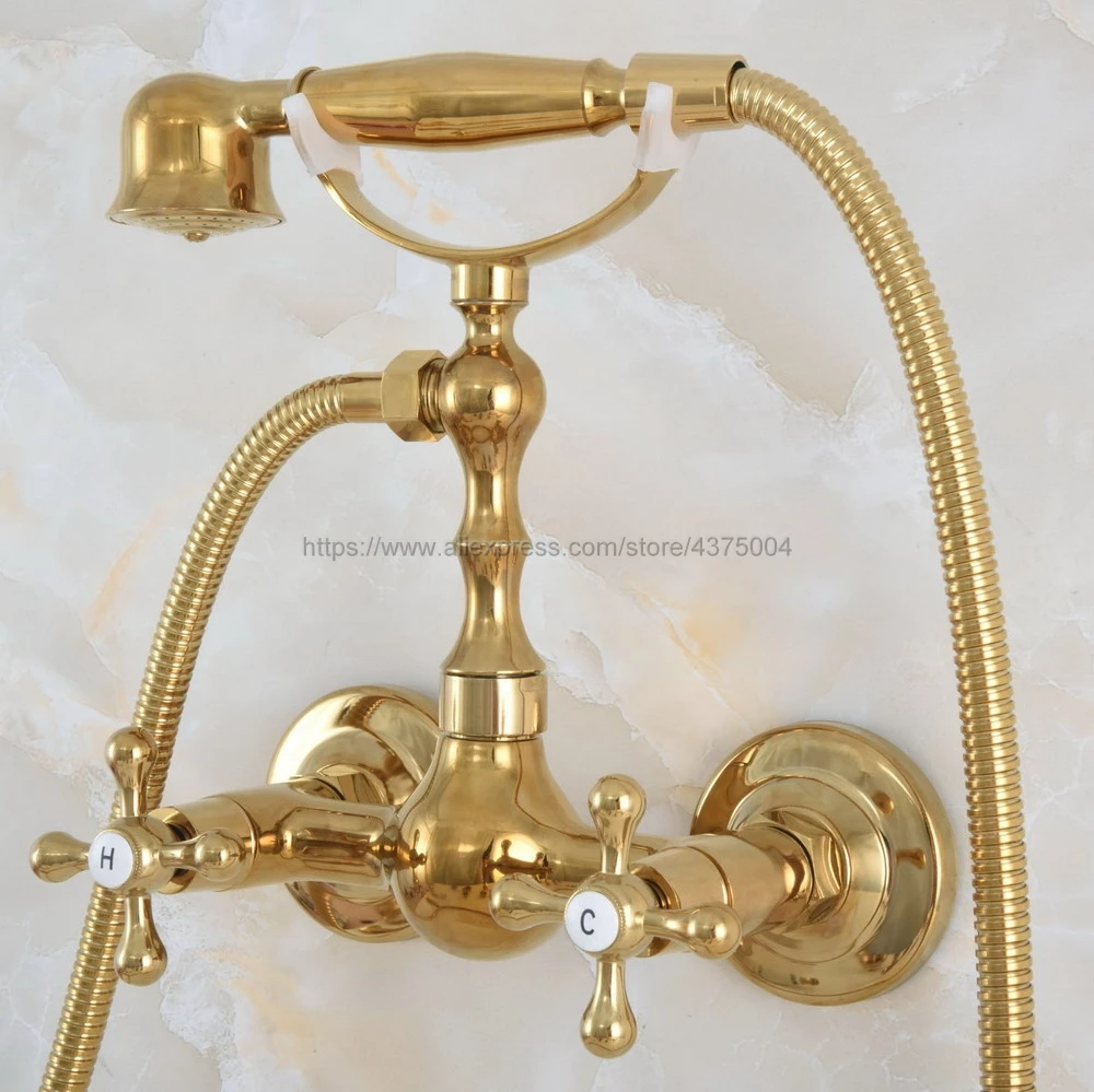 Gold Color Brass Shower Faucet Wall Mounted Double Handle Bathroom Shower Mixer Faucet with Hand Shower Nna830