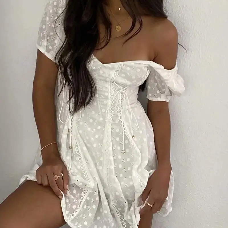 White lace embriodery summer beach dress women elegant hollow out lace up short dress off shoulder puff sleeve sheer dress 2021