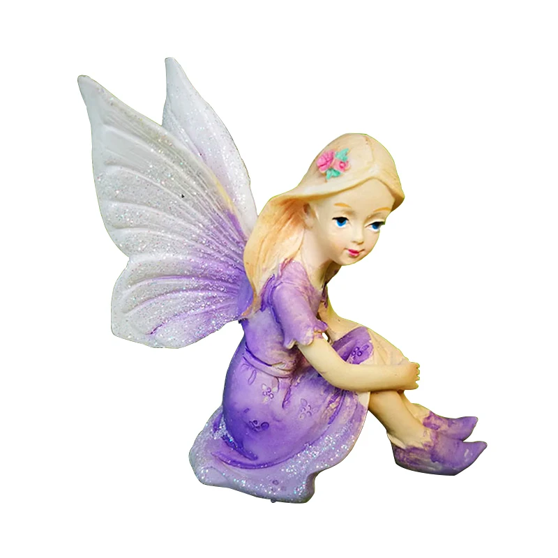 Miniature Fairy Elf Angel With Butterfly Wings Girl Mushroom Purple Pink Resin For Dollhouse Accessories