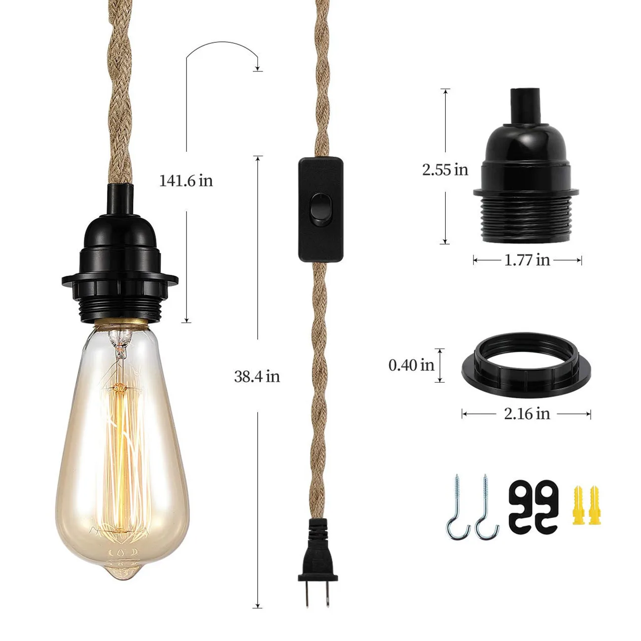 Lámpara colgante de cáñamo con cuerda para Loft, 3 cabezales, Vintage, juego de cables, enchufe, dormitorio, sala de estar