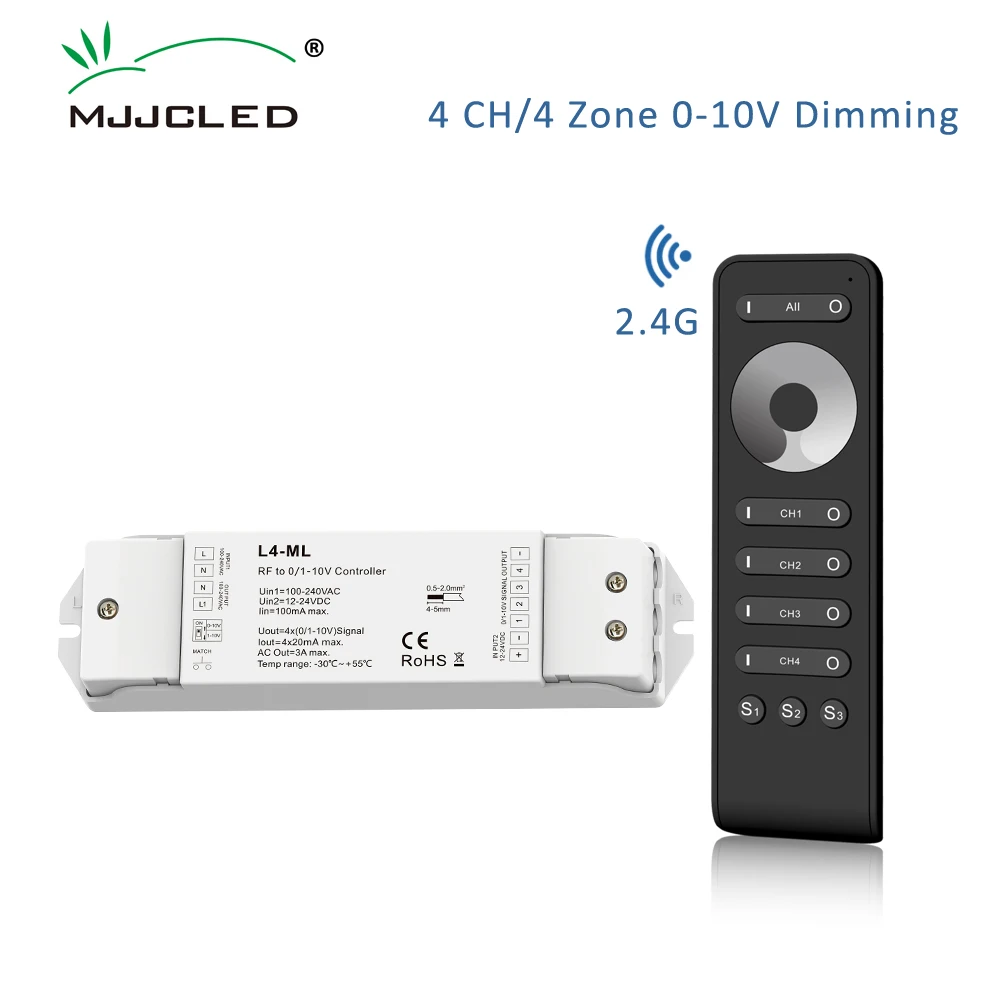 

0-10V LED Dimmer 4 CH RF 2.4G Touch Dimming Wireless Remote Control Single Color LED Strip Lights 1-10V Controller L4-ML RS6