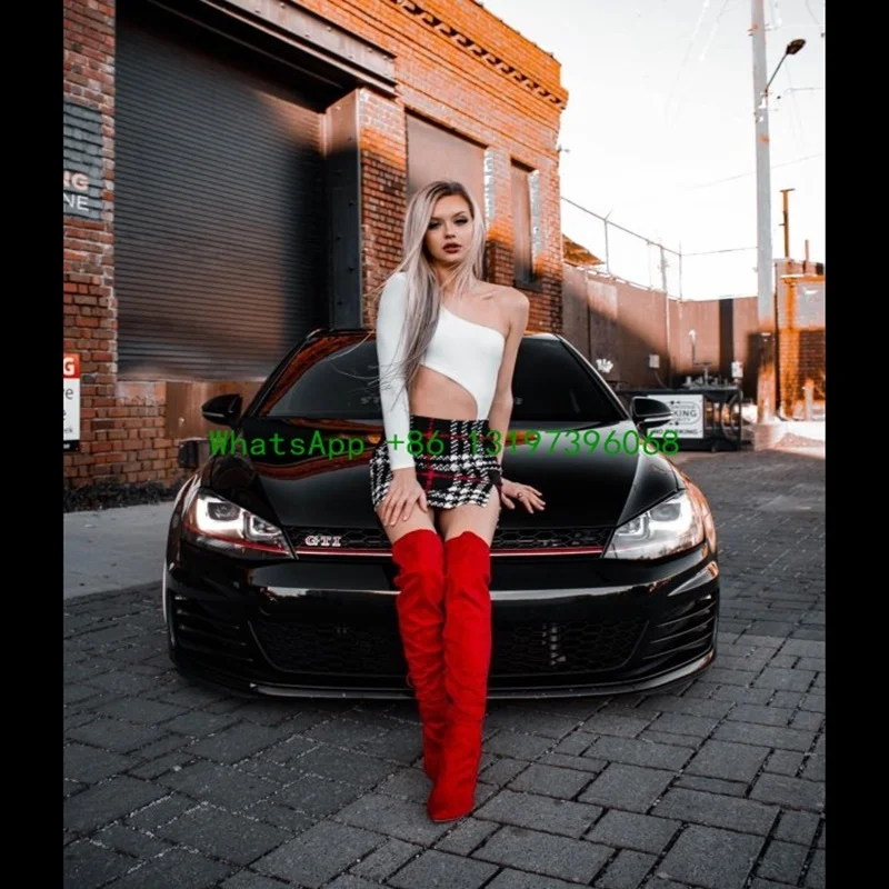

Ladies red stretch over-the-knee boot featuring high block heel lace-up side zipper square heel boots pointed toe footwear size
