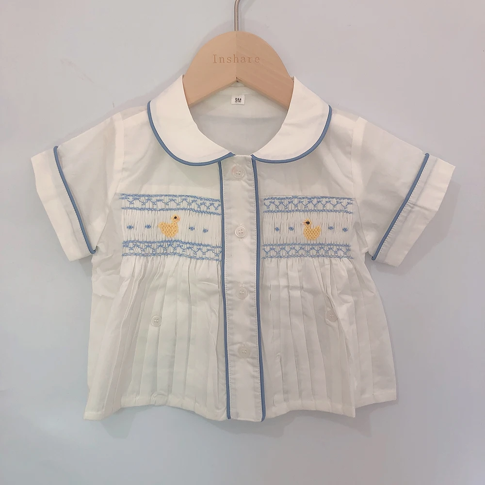 Children Boutique Clothing Baby Boys Handmade Smocked Duck Embroidered Set Cotton Short Sleeves Birthday Prince Suit Eid Clothes