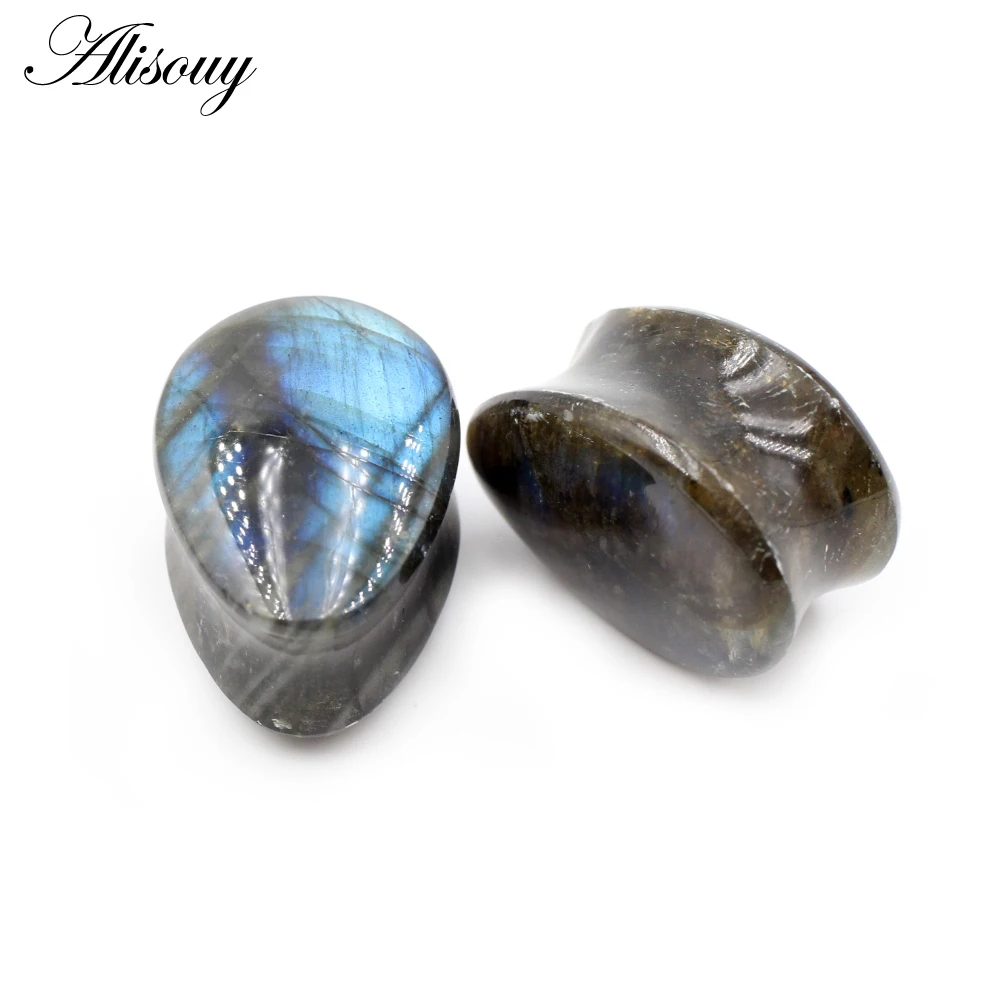 Alisouy 1pc Natural Labradorite Sun Stone Teardrop Waterdrop Flared Ear Flesh Tunnel Plugs Expander Gauges Body Piercing Jewelry