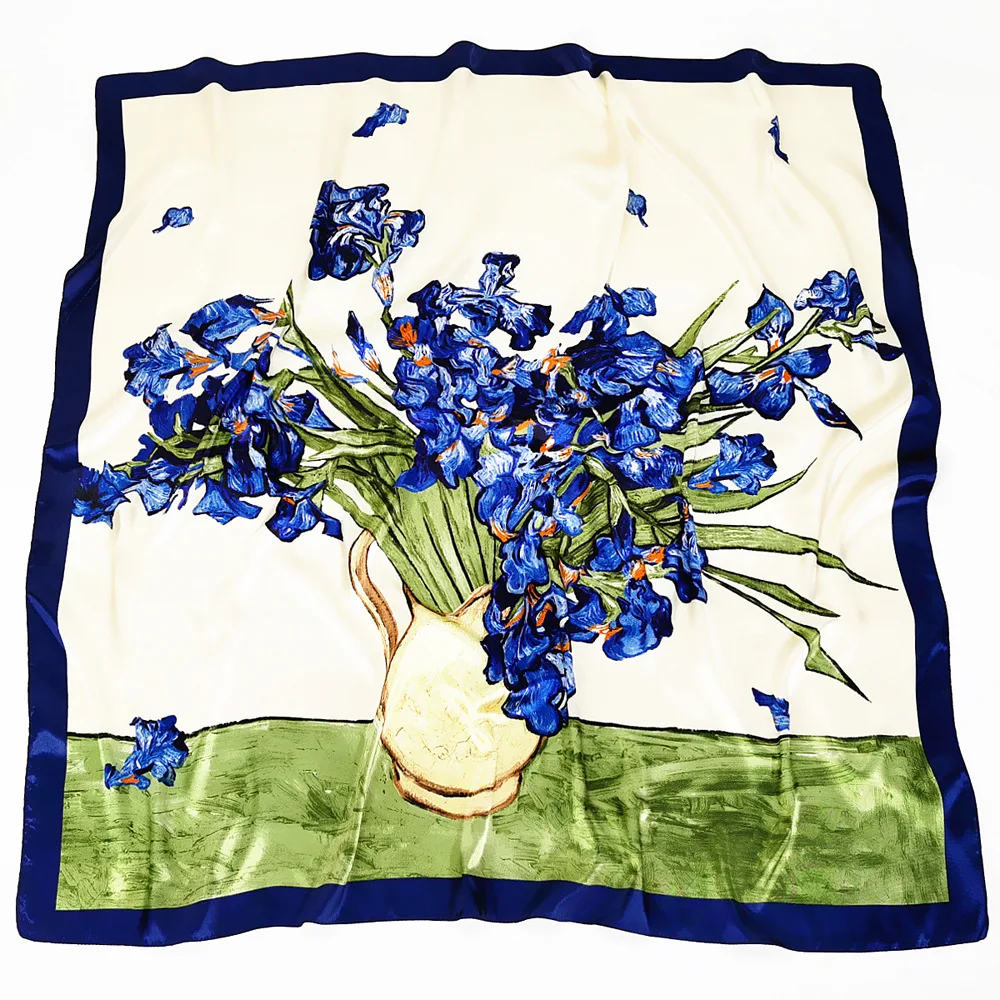 Van Gogh 90CM Neckerchief Classical Flowerpot Lily Ladies Shawl Big Square Scarf Silk Kerchief Neck Scarf Wholesale