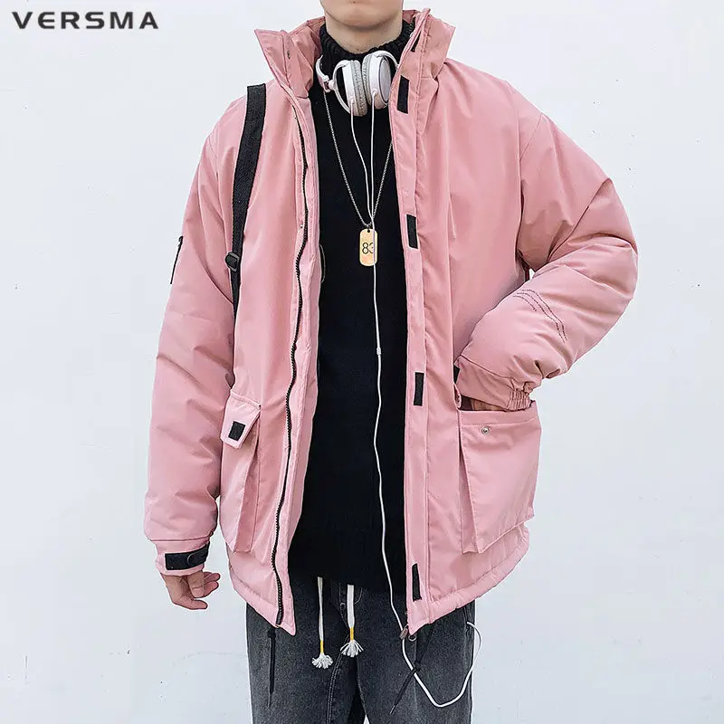 VERSMA Japanese Padded Pocket Thick Winter Jacket Parka Men Youth Streetwear Solid Color Warm Windbreaker Men Coat Dropshipping