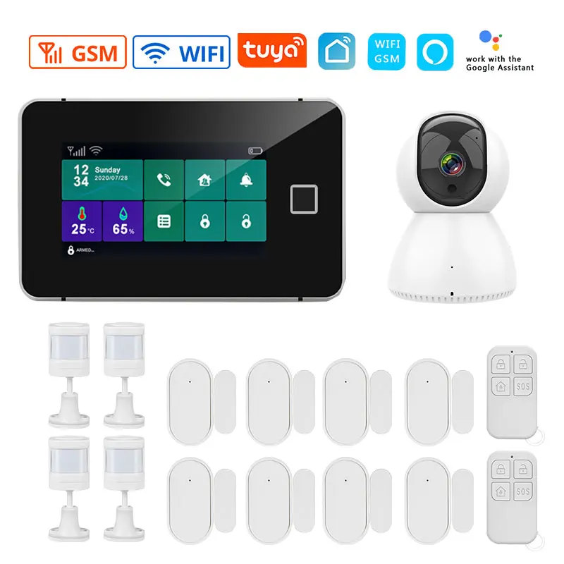 Tuya Wifi Wireless GSM Home Security Alarm System Temperature And Humidity Display Fingerprint Arming With 433Mhz Motion Sensor