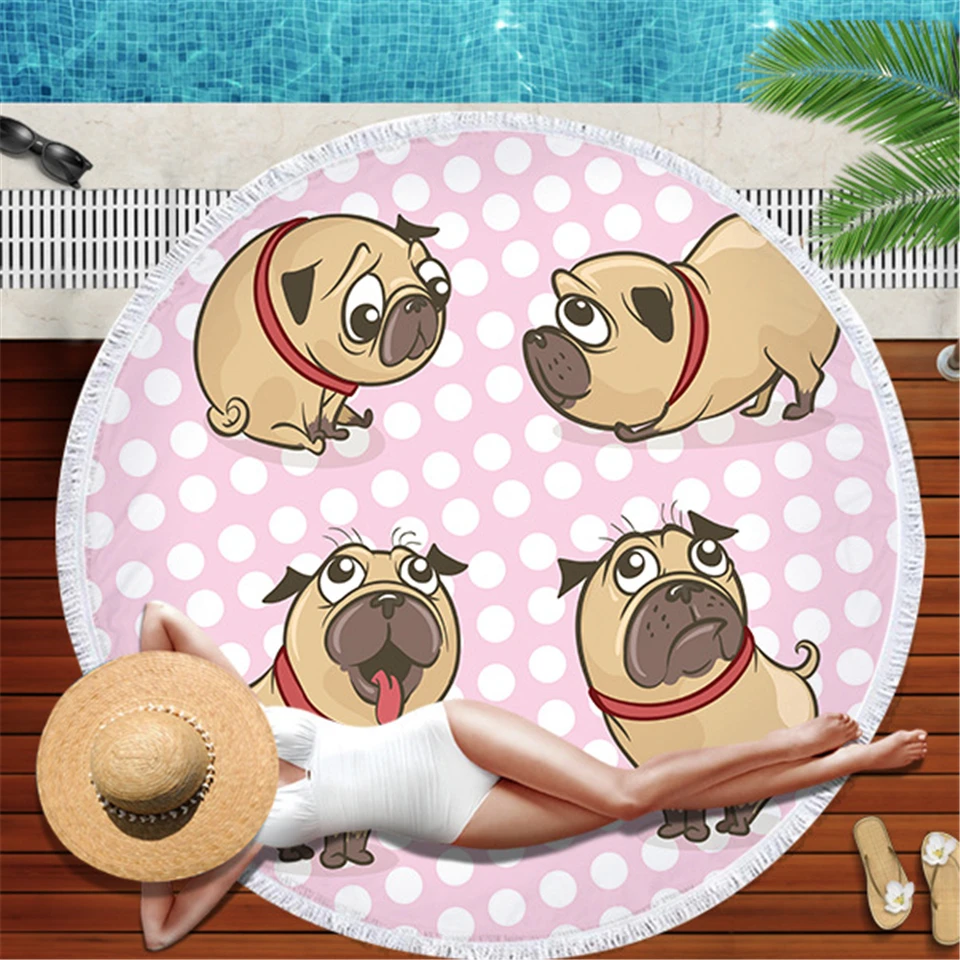 Cute Bulldog Round Beach Towels Pink Cartoon Dog Sport Swimming Pool Sport Towel Bath Wall Hanging Beach Towels Blanket Tapestry