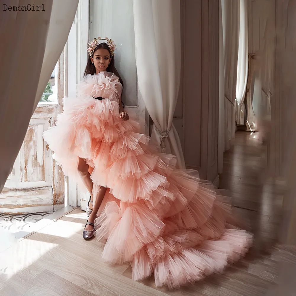 Gorgeous Puffy ดอกไม้สาวชุดสำหรับงานแต่งงานสูง-ต่ำ Tiered Tulle วันเกิดเด็กชุดเจ้าหญิงชุด