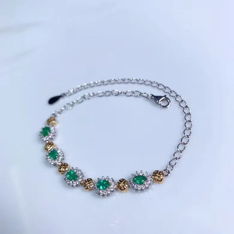 

New Natural Emerald Bracelet 925 Silver Two-tone Electroplating Ladies Fine Jewelry